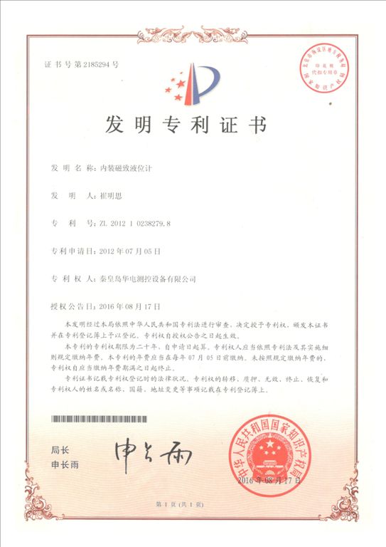內裝磁致液位計（發(fā)明專(zhuān)利）